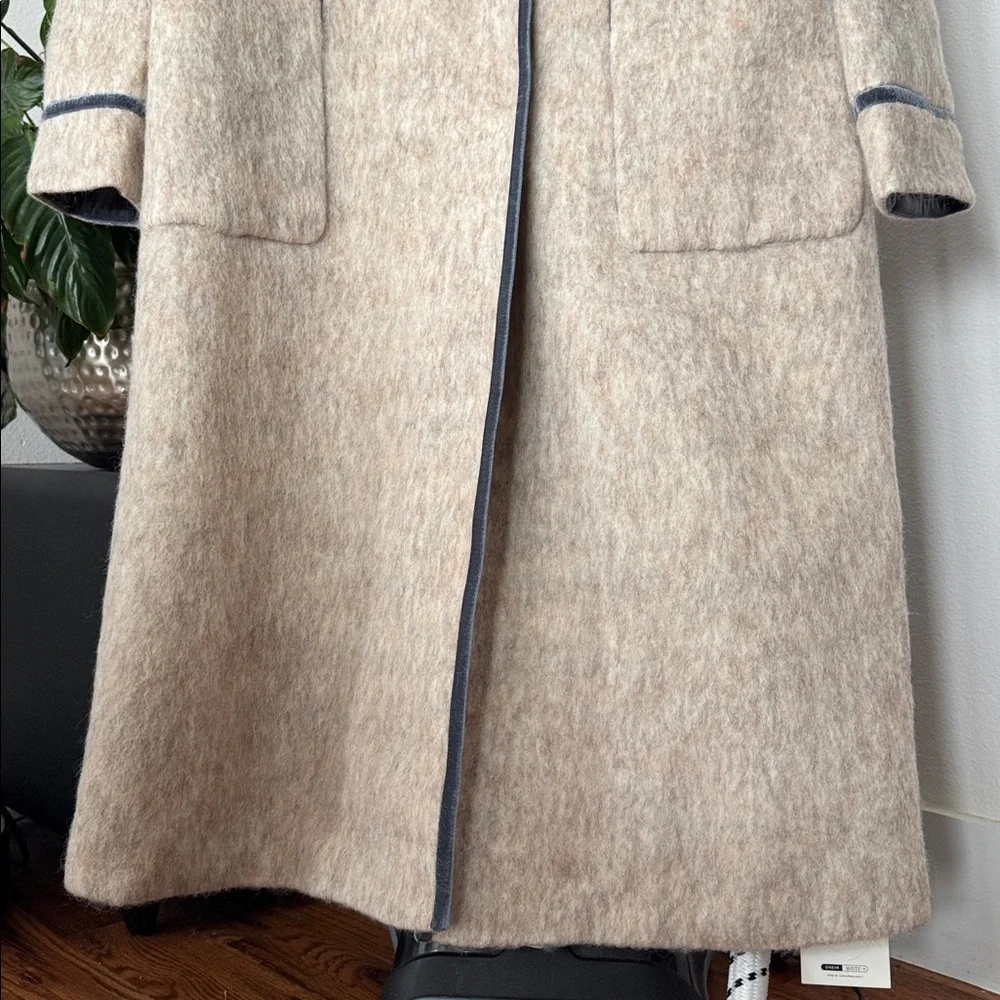 Motf Wool Blend Beige Ivory Long Duster Coat/Jacket Sz L Blue Velvet Trim - Picture 4 of 14